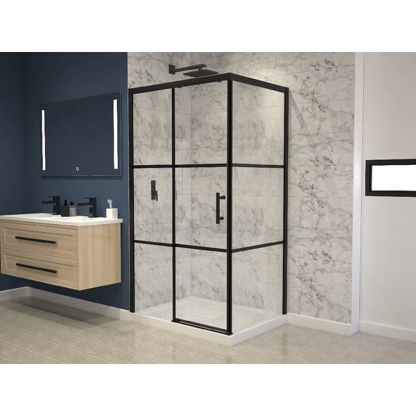 Atlas 48"x36" Black Matte Shower Door with Window Pane Design Bed